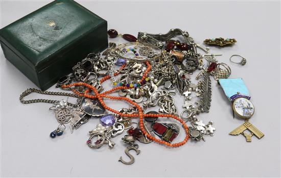 A quantity of assorted jewellery including silver, coral necklace, costume jewellery and a Rolex box.